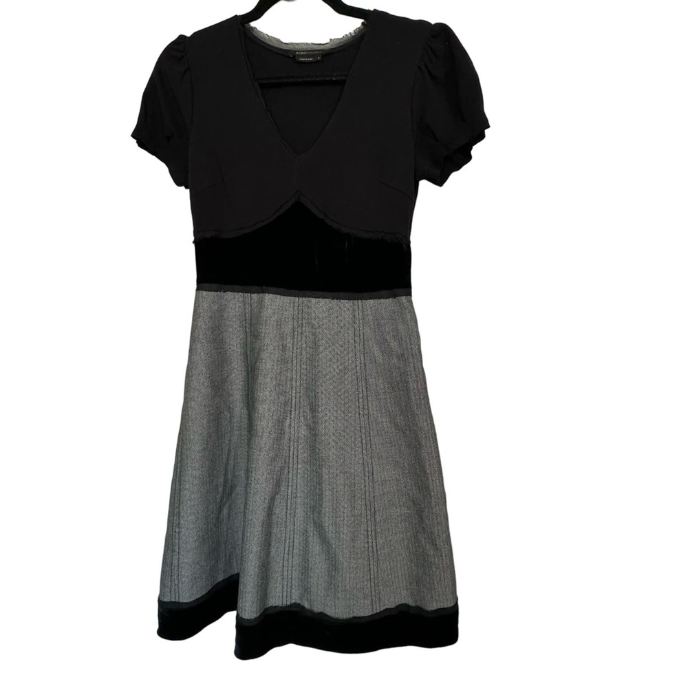 BcbgMaxAzira Colorblock Babydoll Velvet Trim Mixed Knit 90s Puff Sleeve Size 2